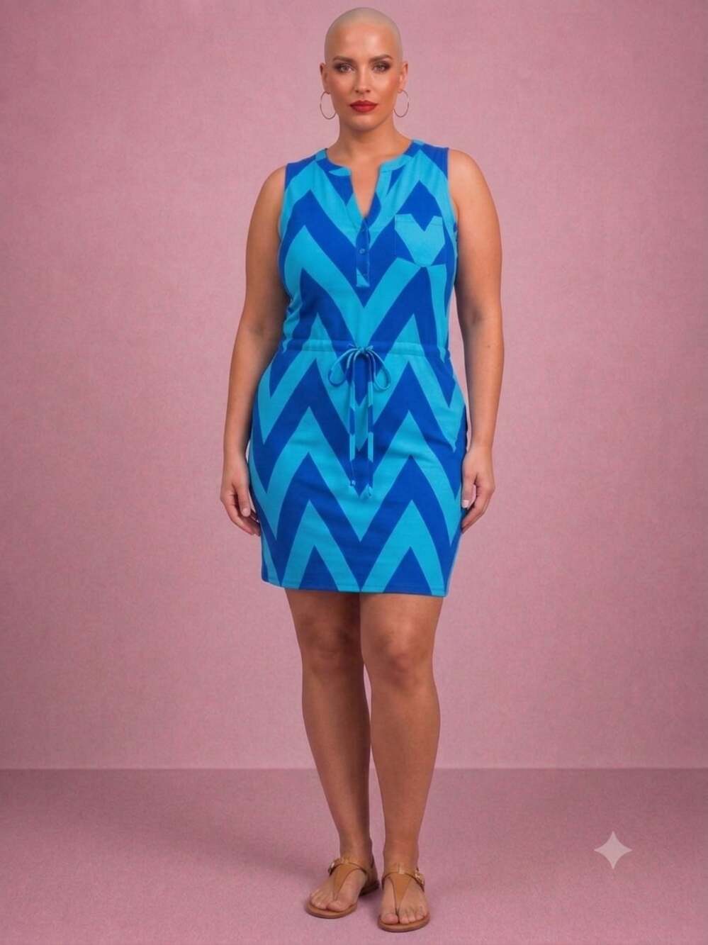 Live 4 Truth Blue Chevron Print Sleeveless Drawstring Waist Mini Dress